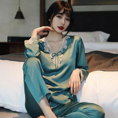 Women's Thin Silk Long-sleeved Pajamas Suit Lace Casual Homewear