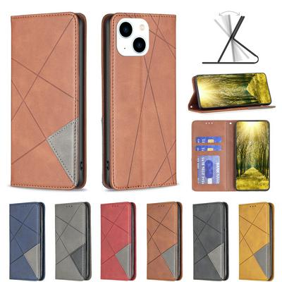 For iPhone 14 Splicing Rhombus Pattern Magnetic Closure Shockproof Flip Leather Case