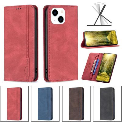 For iPhone 14 Magnetic Closure Anti-Theft Brush Protection BF08 Style PU Leather Phone Case