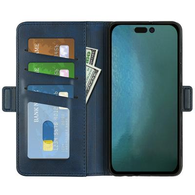 For iPhone 14 Pro Double Buckle Wallet Style Folio Flip Leather Case with Stand and Card Slots Function
