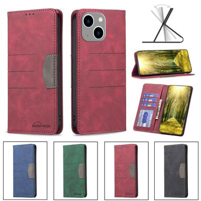 For iPhone 14 Max Stitching Color Magnetic Attraction PU Leather Wallet Phone Case with Stand &Card Slots 