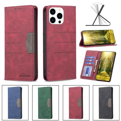 For iPhone 14 Pro Stitching Color Magnetic Attraction PU Leather Wallet Phone Case with Stand &Card Slots 