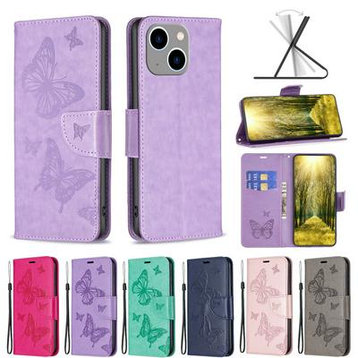 For iPhone 14 Max Embossed Double Butterfly Wallet Leather Case with Stand & Card Slots Function