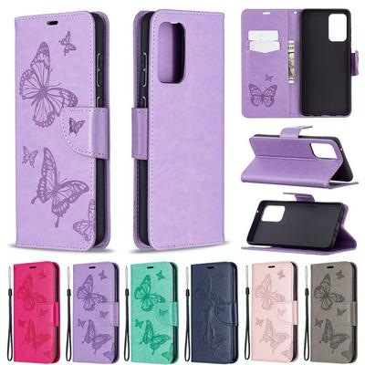 Embossed Two Butterflies Pattern Wrist Strap Style Shockproof  PU Leather + Soft TPU Card Slots Wallet Case for Samsung Galaxy A72 5G