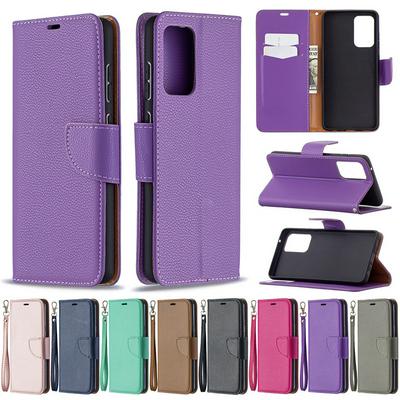 Solid Color Lychee Pattern Scratch Resistant PU Leather Wallet Phone Case with Wrist Strap&Stand for Samsung Galaxy A72 5G