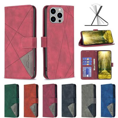 For iPhone 14 Pro Max Stitching Rhombus Pattern PU Leather Wallet Phone Case with Stand &Card Slots