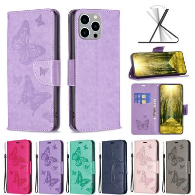 For iPhone 14 Pro Max Embossed Double Butterfly Wallet Leather Case with Stand & Card Slots Function