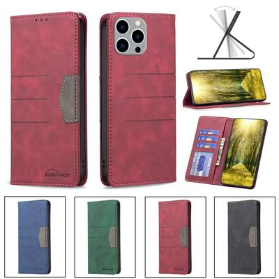 For iPhone 14 Pro Max Stitching Color Magnetic Attraction PU Leather Wallet Phone Case with Stand &Card Slots 