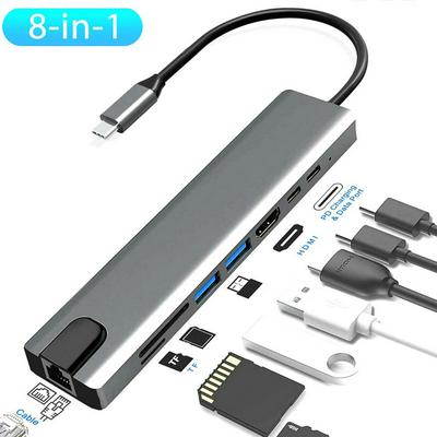 8In1 Usb-C 3.1 Type-C Usb 3.0 Hub Hdmi Rj45 Ethernet Micro Security Digitale kaart Tf Otg Adapter