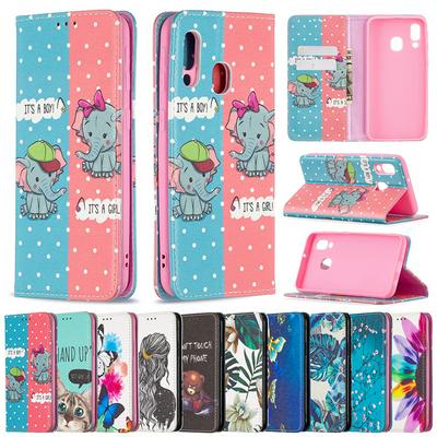 Color Painted Magnetic Closure Cute Cartoon Pattern Side Flip Scratch Resistant PU Leather Wallet Phone Case with Stand for Samsung Galaxy A40