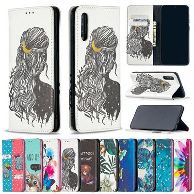 Color Painted Magnetic Closure Cute Cartoon Pattern Side Flip Scratch Resistant PU Leather Wallet Phone Case with Stand for Samsung Galaxy A50