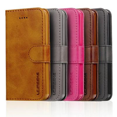 Magnetic Button Calf Pattern Shock-Absorption Side Flip PU Leather + Soft TPU Wallet Phone Case with Card Slot and Stand for iPhone SE 5S 5G 5