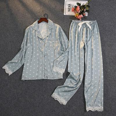 Two-piece Summer Pajamas for Women Ice Silk Satin Thin Lace Printing Long-sleeved Trousers Home Service Set