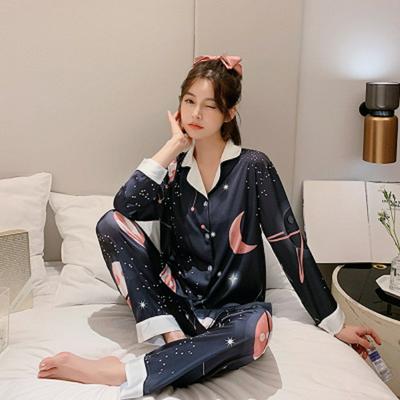 Women's Summer Thin Ice Silk Long-sleeved Two-piece Pajamas Korean Fashion Letter Home Service Set