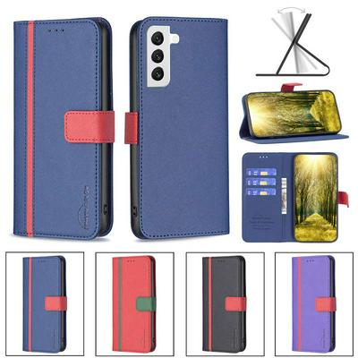 For Samsung Galaxy S22 Stitching Color Cross Pattern BF13 Style PU Leather Wallet Phone Case 