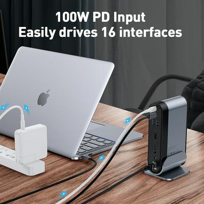 USB Type-C Universal Laptop Docking Station, 16 in 1 100W PD Type-C Charge, 5Gbps USB Transfer Rate