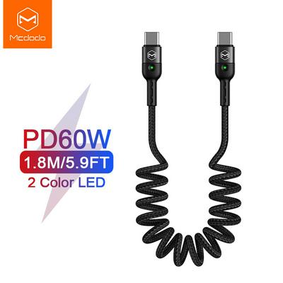 Mcdodo CA-7860 Retractable Car Spring USB C to USB Type C Cable for Xiaomi Redmi QC4.0 PD 60W Fast Charging for MacBook Pro Charge Cable