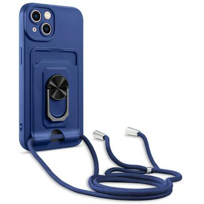 For iPhone 14 Multifunctional Card Pocket Ring Holder TPU Phone Case with Lanyard