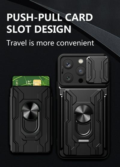 For iPhone 14 Pro Ring Holder Card Pocket Multifunctional PC Phone Case