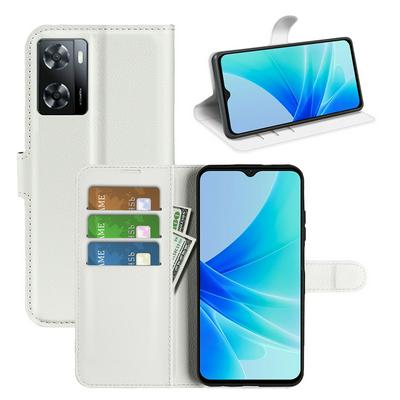 For Oppo A57 4G 2022 Lychee Pattern Folio Flip Leather Case with Stand and Card Slots Function