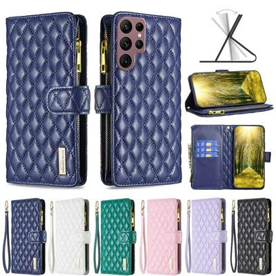 BINFEN COLOR BF15 for Samsung Galaxy S22 Ultra Anti-drop Zipper Pocket Phone Case Imprinted Rhombus Pattern Flip Wallet Cover Stand