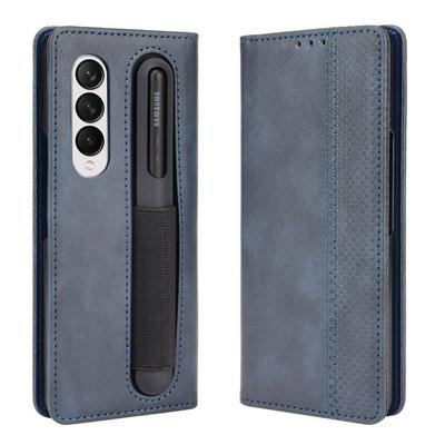 For Samsung Galaxy Z Fold4 5G Magnetic Buckle Retro Pattern Shockproof PU Leather Phone Case with Pen Tray