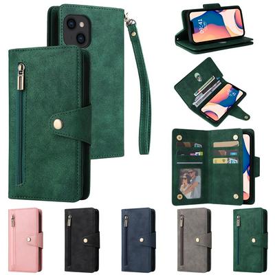 For iPhone 14 Max Rivet Zipper Pocket Scratch Resistant PU Leather+TPU Phone Case