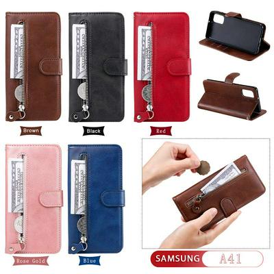 For Samsung Galaxy A41 Stylish Zipper Calf Pattern Shockproof PU Leather+ TPU Phone Case