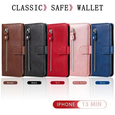 For iPhone 13 mini Stylish Zipper Calf Pattern Shockproof PU Leather + Soft TPU Phone Case