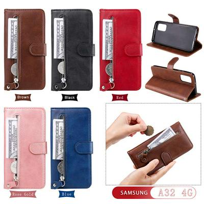 For Samsung Galaxy A32 4G Stylish Zipper Calf Pattern Shockproof PU Leather + Soft TPU Phone Case