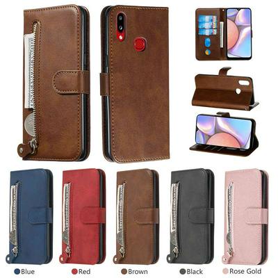 For Samsung Galaxy A10S Stylish Zipper Calf Pattern Shockproof PU Leather + Soft TPU Phone Case