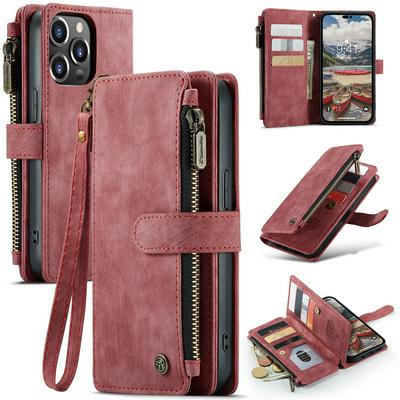 For iPhone 14 Pro Multi-card Slots Zipper Wallet Scratch Resistant PU Leather Phone Case with Lanyard