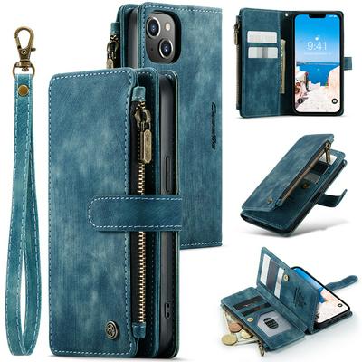 For iPhone 14 Max Multi-card Slots Zipper Wallet Scratch Resistant PU Leather Phone Case with Lanyard