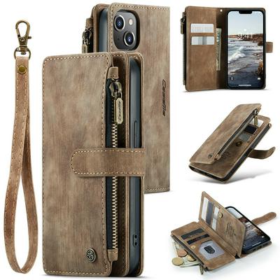 For iPhone 14 Multi-card Slots Zipper Wallet Scratch Resistant PU Leather Phone Case with Lanyard