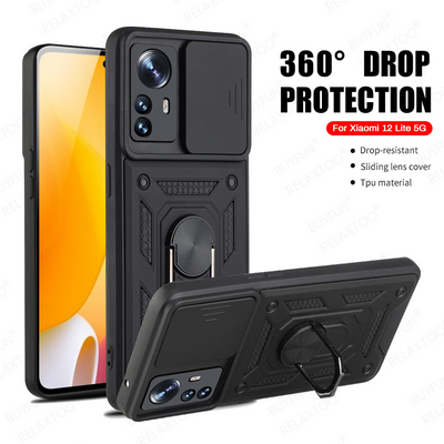 Ring Holder Kickstand Camera Slide Cover Design PC + TPU Phone Back Cover Case for Xiaomi 12 Lite