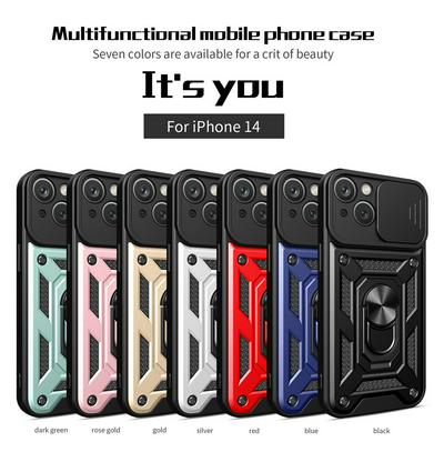 Ring Holder Kickstand Camera Slide Cover Design PC + TPU Phone Back Cover Case for iPhone 14