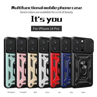 Ring Holder Kickstand Camera Slide Cover Design PC + TPU Phone Back Cover Case for iPhone 14 Pro