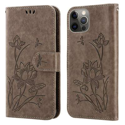 For iPhone 14 Pro Max Embossed lotus Pattern Scratch Resistant PU Leather Phone Case