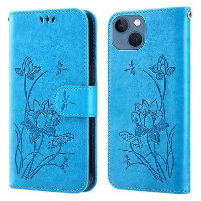 For iPhone 14 Embossed lotus Pattern Scratch Resistant PU Leather Phone Case