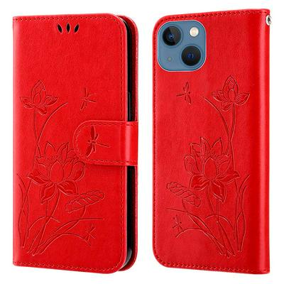 For iPhone 13 Embossed lotus Pattern Scratch Resistant PU Leather Phone Case