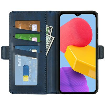 For Samsung Galaxy M13 Double Buckle Wallet Style Folio Flip Leather Case with Stand and Card Slots Function