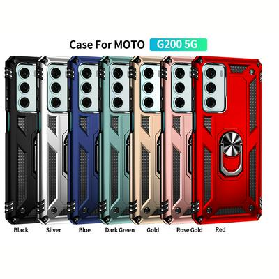 Sergeant Shockproof Drop-proof PC+TPU Phone Protective Case with Metal Ring Kickstand and Metal Patch for Motorola G200 5G