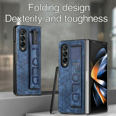 For Samsung Galaxy Z Fold3 5G Drop Resistant PU Leather Phone Case with Wrist Strap and Pen Slot