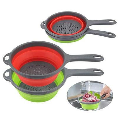 Round Folding Vegetable Fruit Washing Drain Basket with Long Handle Kitchen Accessories Sifter Tools