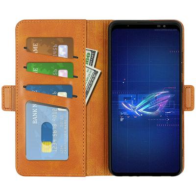 For ROG Phone 6 Double Buckle Wallet Style Folio Flip Leather Case with Stand and Card Slots Function