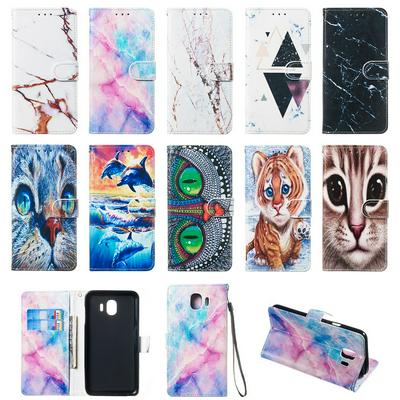 Colored Cat Tiger Owl DolphinPattern PU Leather + Soft TPU Card Slots with Stand Wallet Protective Case for Samsung Galaxy J4 2018 J400 