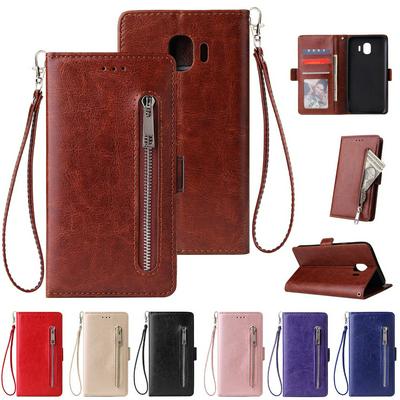 Leather Wallet Case for Samsung Galaxy J4 2018, Plain Zipper Phone Cover with Wrist Strap
