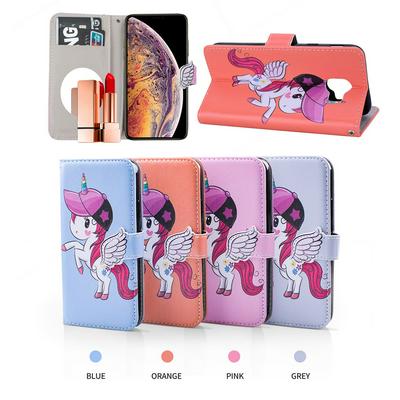 Pegasus Unicorn Pattern with Makeup Mirror PU Leather + Soft TPU with Stand Support and Card Holder and Wallet Slots Protective Case for Samsung Galaxy J4 2018 J400