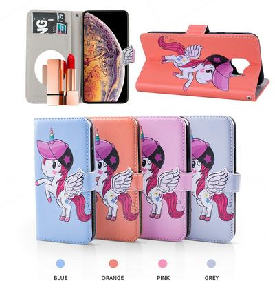 Pegasus Unicorn Pattern with Makeup Mirror PU Leather + Soft TPU with Stand Support and Card Holder and Wallet Slots Protective Case for Samsung Galaxy J4 2018 J400 