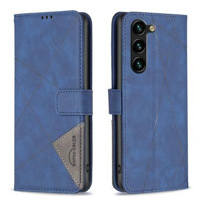 For Samsung Galaxy S23 Plus Stitching Rhombus Pattern Folio Flip PU Leather Wallet Phone Case